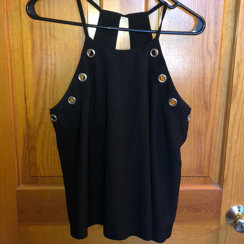 Black open back halter top!